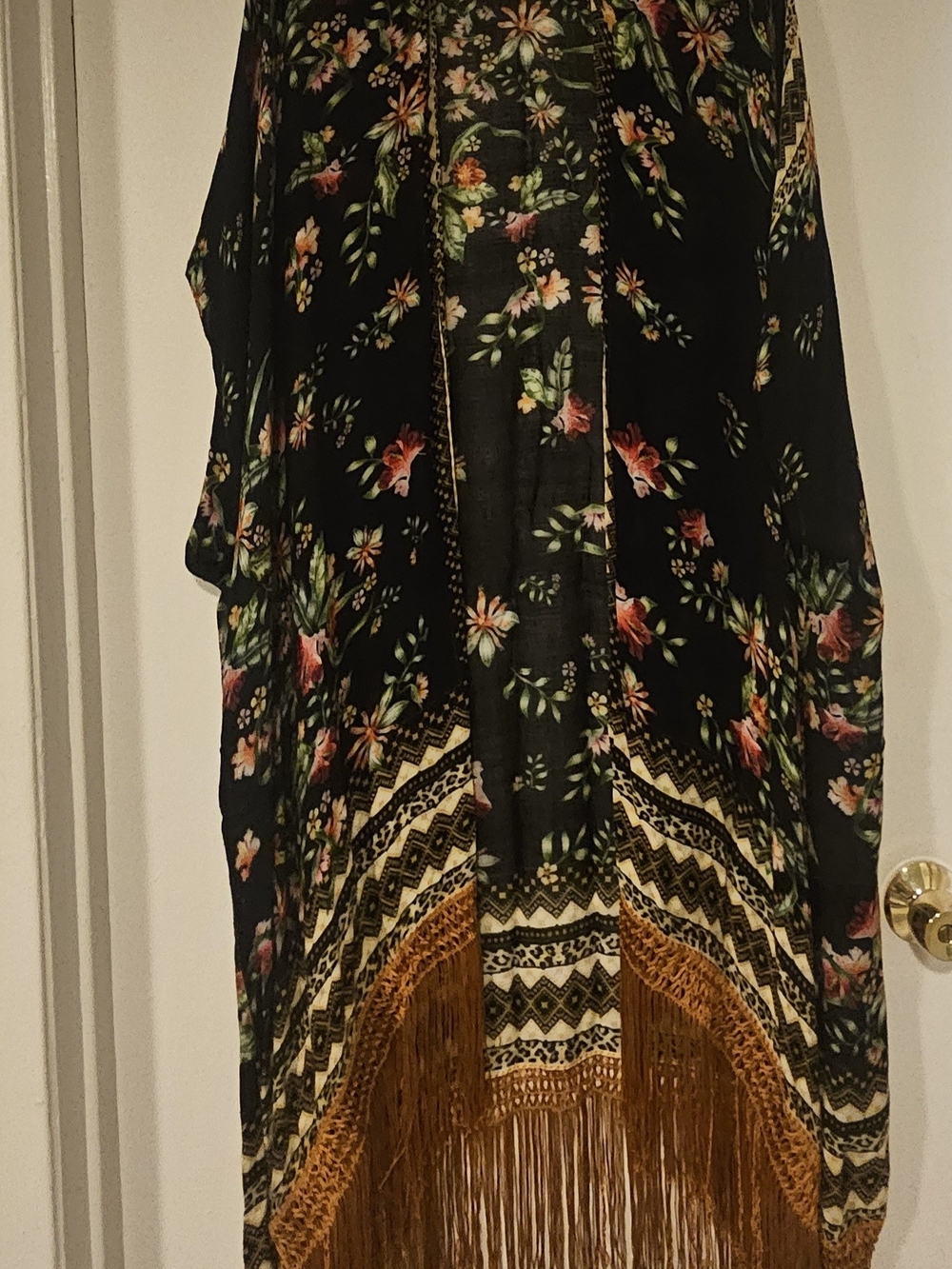 Floral Fringe Kimono - Black & Mustard